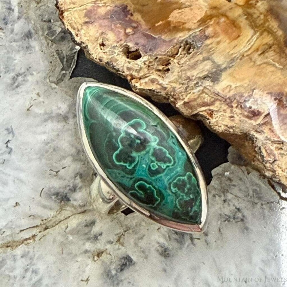 Sterling Silver Southwestern Style Marquise Malachite Ring Size 8 For Women